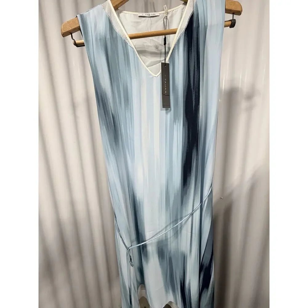 T Tahari Tie Dye Dress M NWT Light Blue Watercolor V-Neck Sleeveless Chiffon